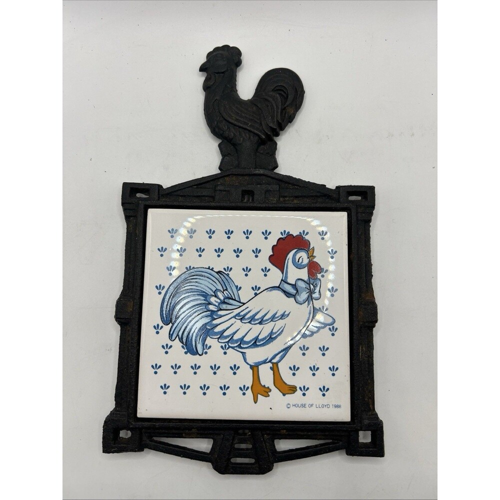 Vintage  Cast Iron MCM Rooster Trivet Ceramic Tile Hot Plate
